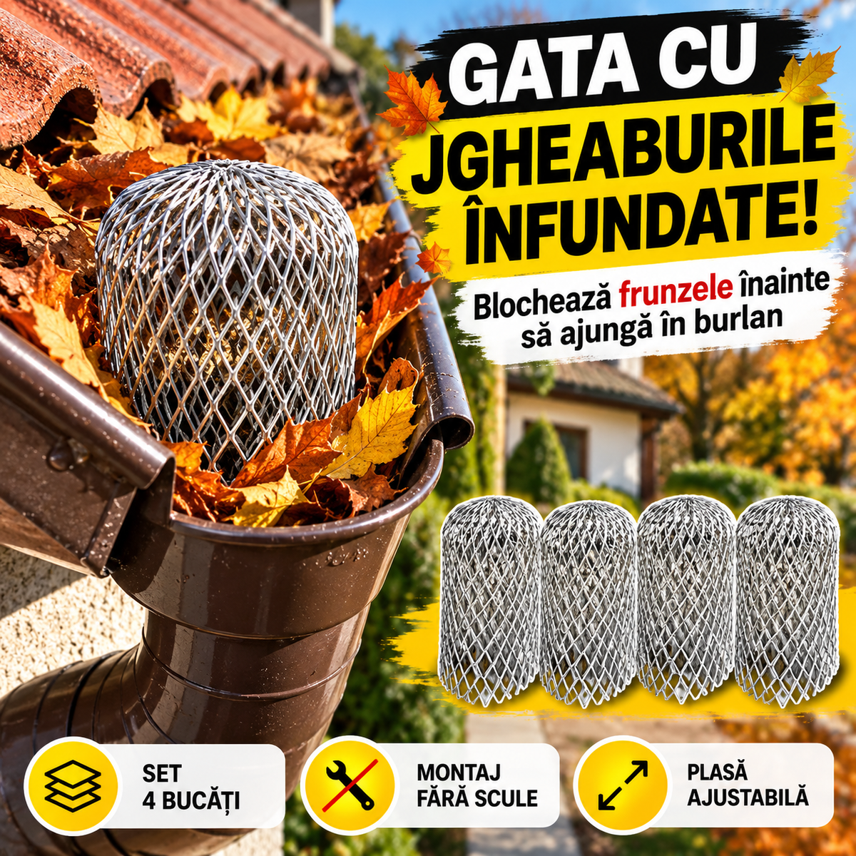 Set 4 Protecții Jgheab și Burlan FrunzeStop™