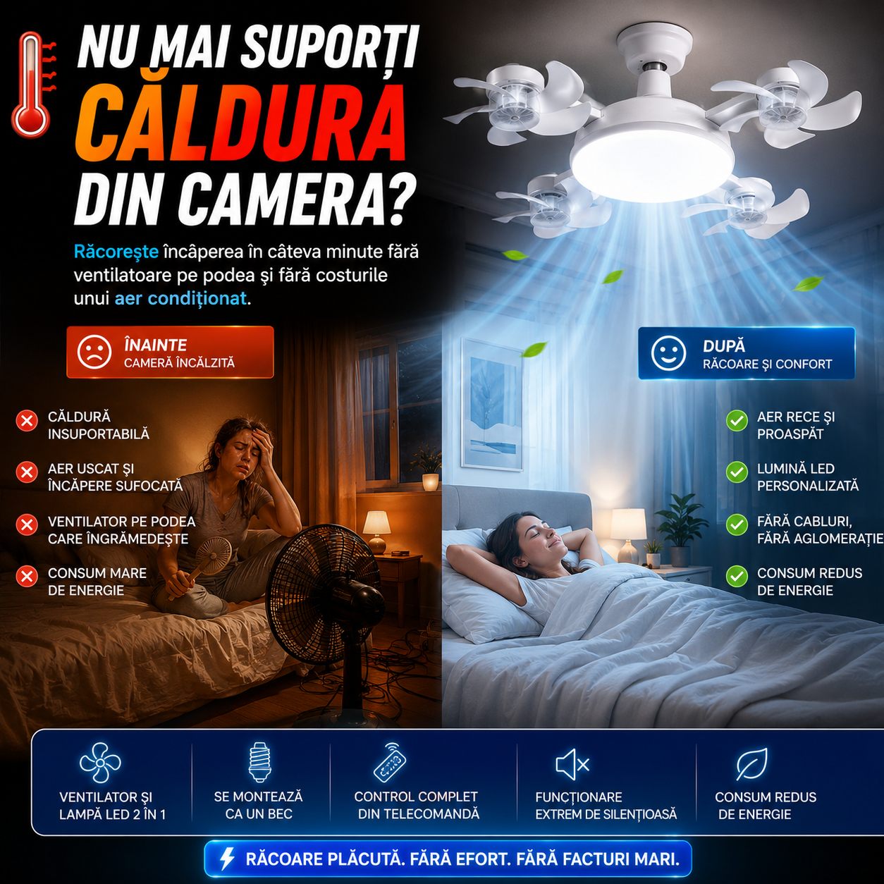 Ventilator de Tavan cu LED și Telecomandă — CoolBreeze™
