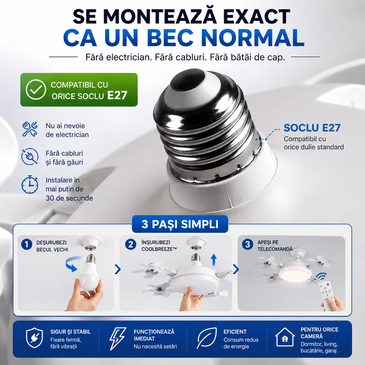 Ventilator de Tavan cu LED și Telecomandă — CoolBreeze™
