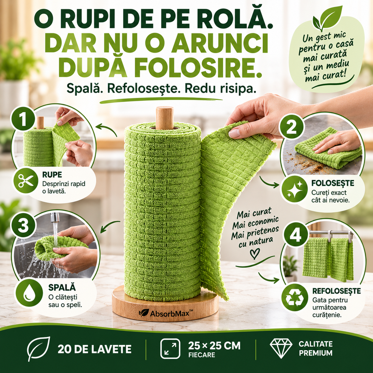 Rolă Lavete Microfibră Reutilizabile AbsorbMax™