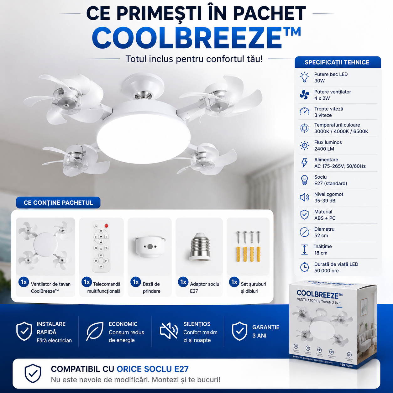 Ventilator de Tavan cu LED și Telecomandă — CoolBreeze™