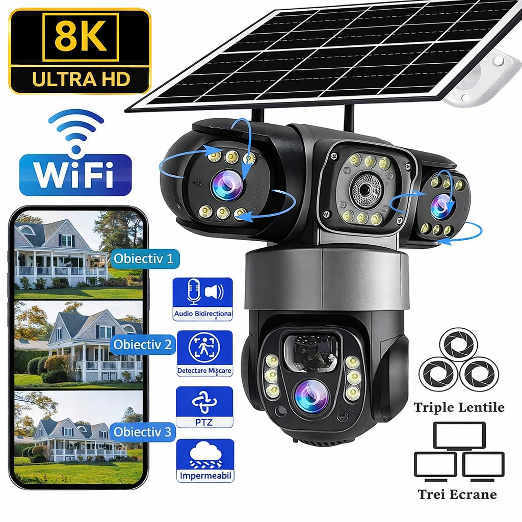 AiWiFiCamera™ Solar 8K - Vezi tot. Oriunde. Fără cabluri.