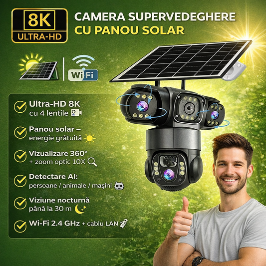 AiWiFiCamera™ Solar 8K - Vezi tot. Oriunde. Fără cabluri.